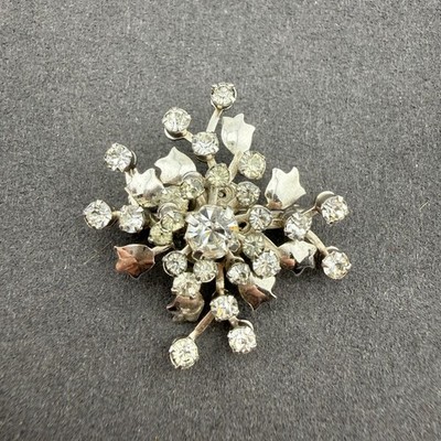 Rhinestone Starburst Floral Brooch Silver Tone Leafy Cluster Vintage Design