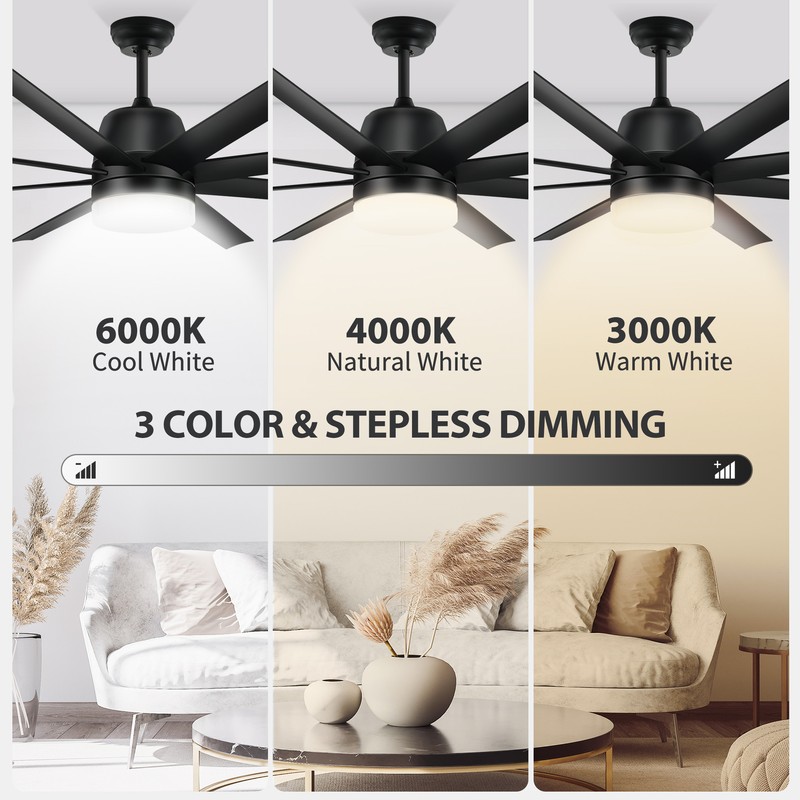 60" Black Ceiling Fan Dimmable LED 3 Color Indoor Outdoor Light Fan w/ 6 Speeds