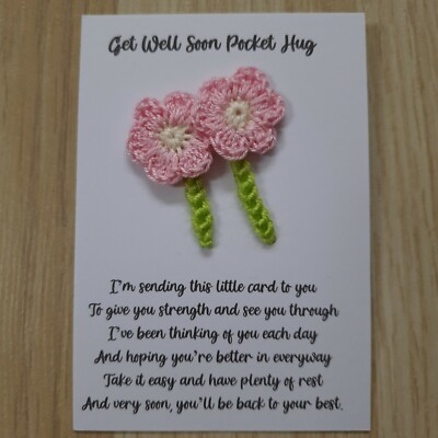 GET WELL SOON HANDMADE POCKET HUG PINK CROCHET FLOWERS love Gift Hugs *FREEPOST*