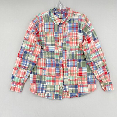 LL Bean Patchwork Button Up Shirt Womens Large Multi Madras Plaid Long Sleeve *