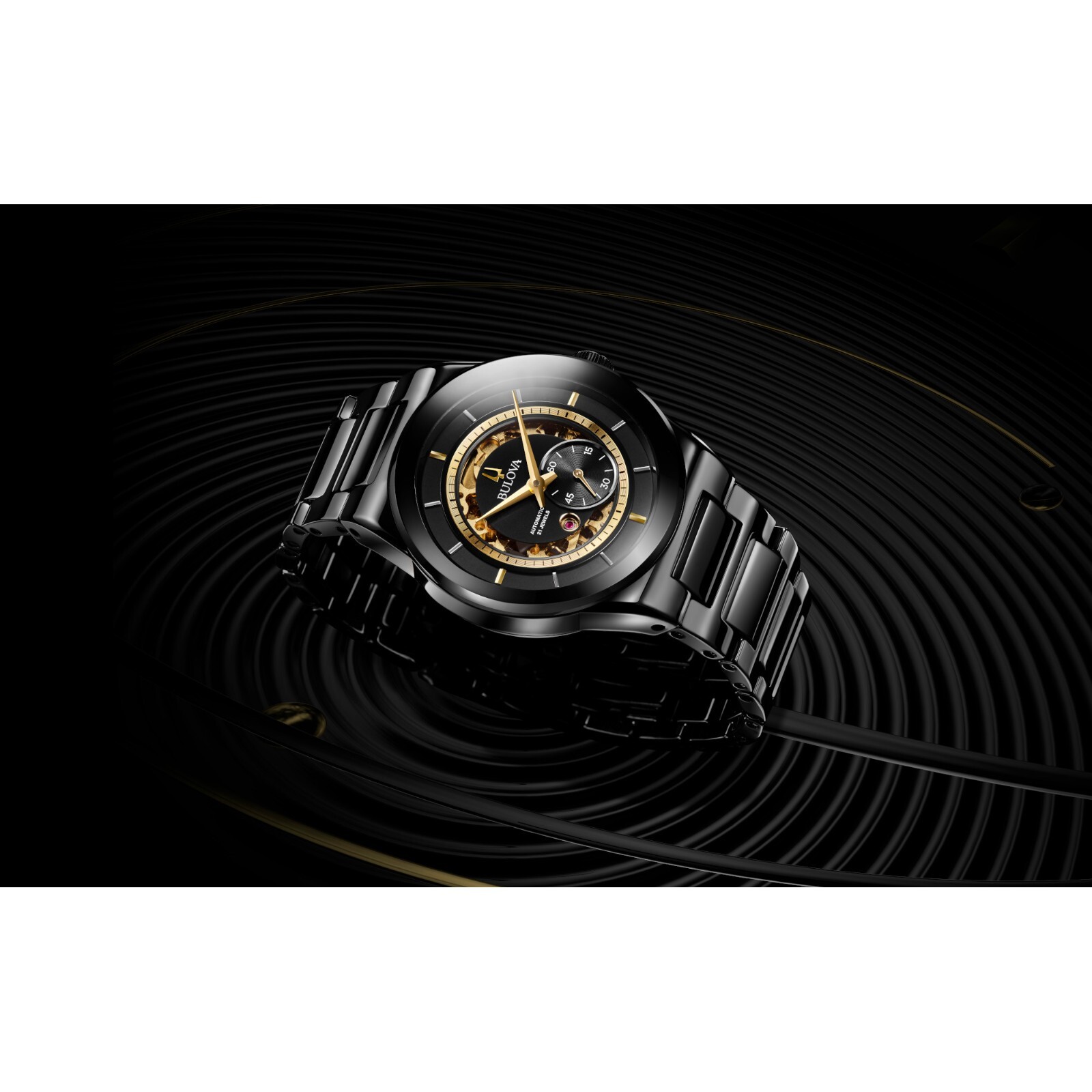 Pre-owned Bulova Millennia Men Automatic Open Aperture Black Ceramic Watch 41mm 98a291