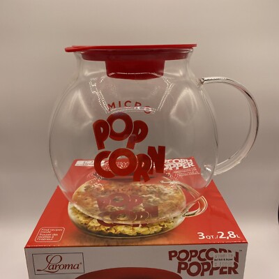 LaRoma Family Size Glass Microwave Popcorn Popper Red Lid Measures Melts Butter