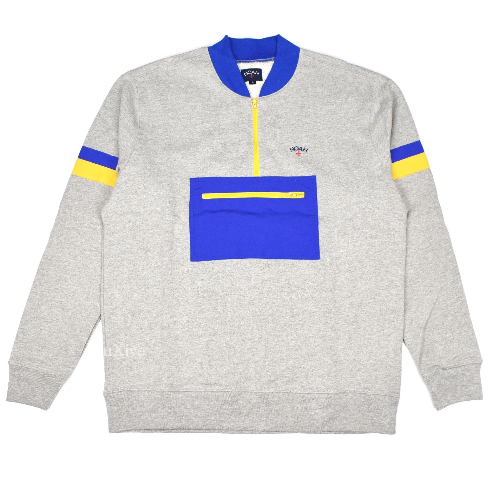 NWT Noah NY Men's Gray Blue Yellow Core Logo 1/4 Zip NWT Noah NY Men's Gray Blue Yellow Core Logo 1/4 Zip