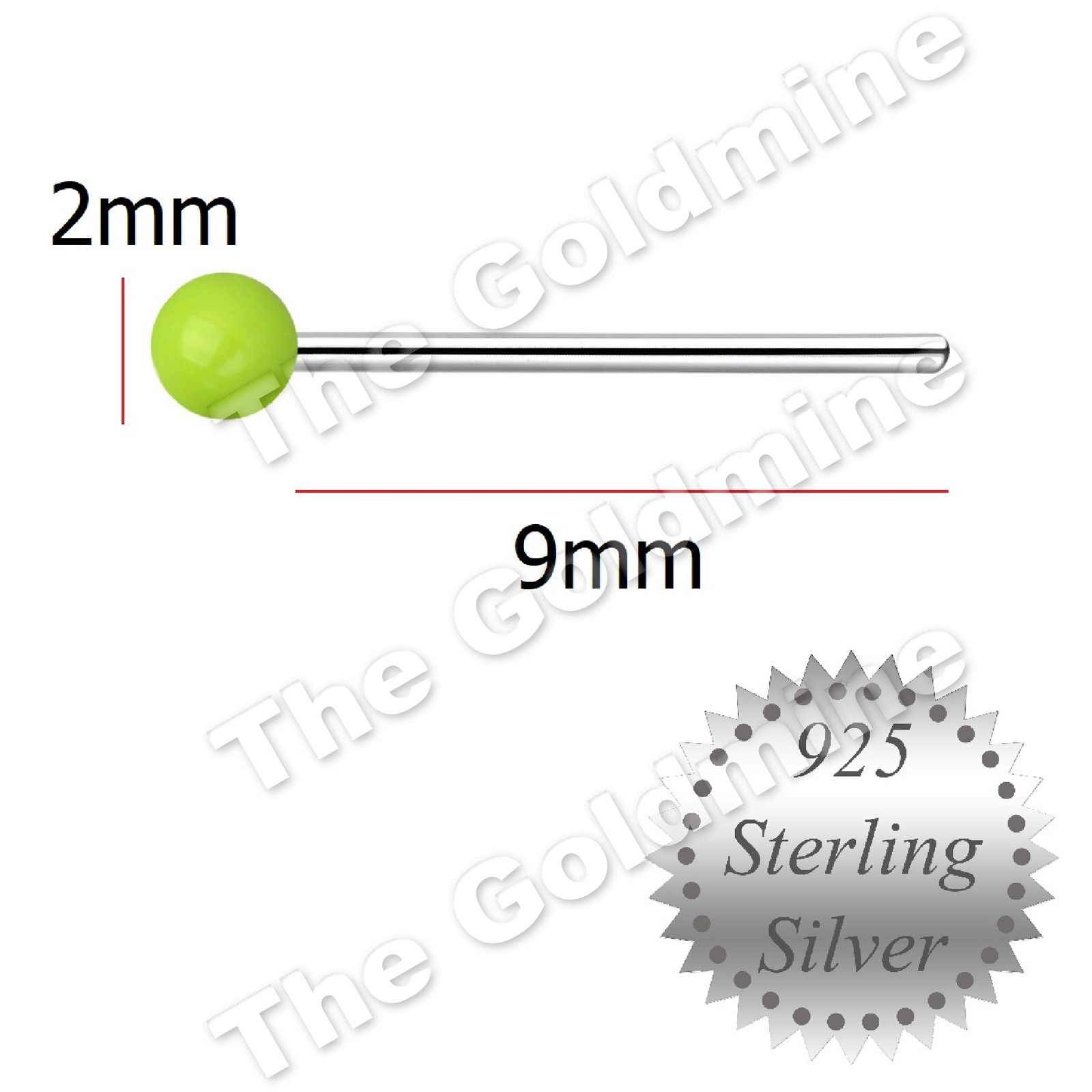 2mm Light Green Ball Top Nose Stud * 925 Sterling Silver straight bendable Pin