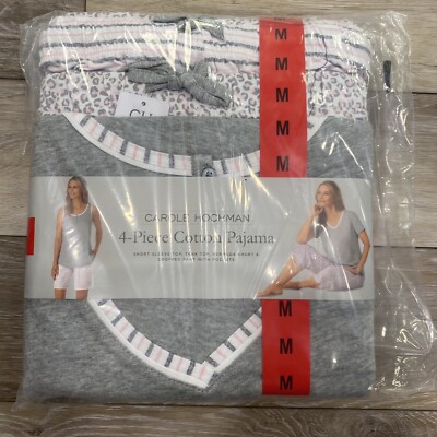NWT CAROLE HOCHMAN LADIES' 4 PIECE PAJAMA SET GRAY & PINK LEOPARD SZ M #E556