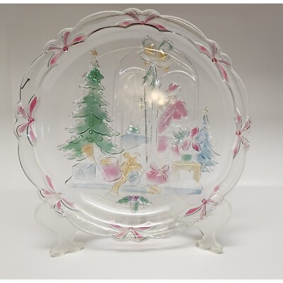 Toscany Glass 14'' Hand Painted Christmas Round Platter With Santa