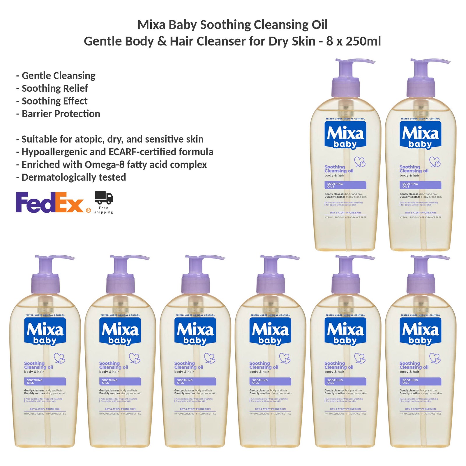 Mixa Baby Soothing Cleansing Oil Gentle Body, Hair Cleanser for Dry Skin 8x250ml