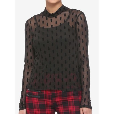 Hot Topic Black Flocked Coffin Sheer Layered L/S Top Shirt Goth Vampire Horror L