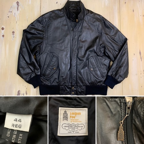 ジャケット・アウター old londo fog leather wool blouson black LONDON FOG - Vtg Black Leather Bomber Jacket, Mens LARGE 44
