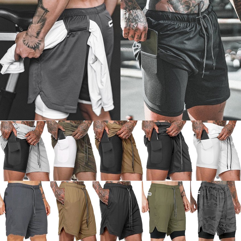 Herren 2 in 1 Laufshorts Training Fitness Sporthose Sweat Shorts mit Handytasche