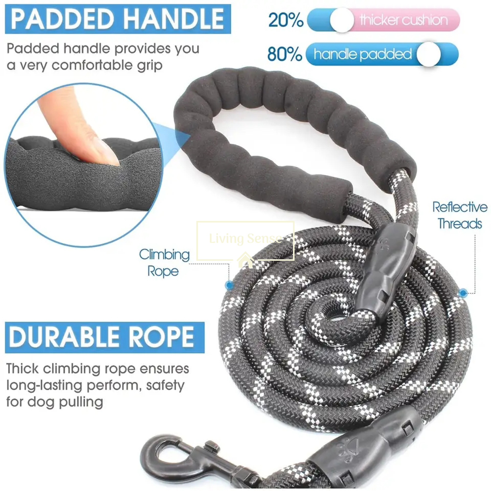 Nylon Dog Leash Heavy Duty Lead with Padded Handle and Reflective Threads 1.2cm - Picture 2 of 9