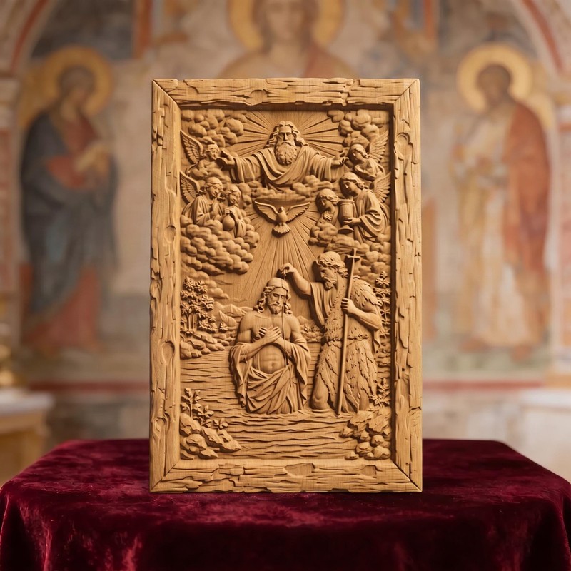 The Baptism of Jesus Christ Wooden Carved Handmade Christian Icon Home Decor