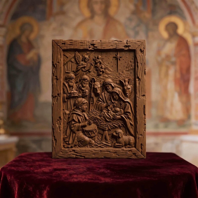 The Birth of Jesus Wooden Carved Handmade Christian Icon | Byzantine Home Decor