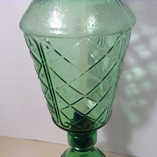 GREEN DEPRESSION GLASS CANDLESTICK HURRICANE LAMP CANDLE HOLDER VINTAGE 15.5