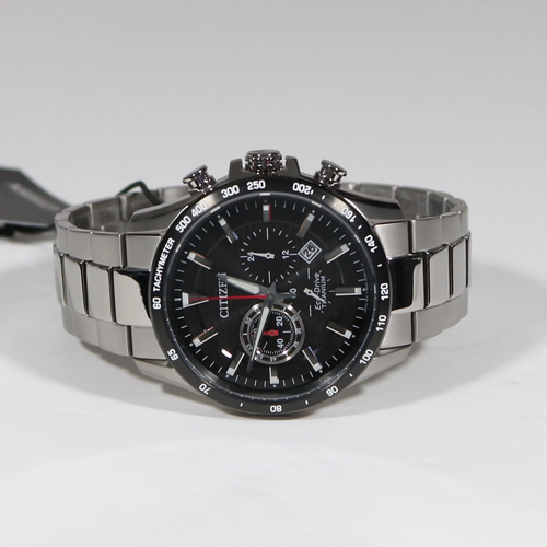 CITIZEN CITIZEN ECO-DRIVE SUPER TITANIUM BLACK DIAL CHRONOGRAPH MEN'S WATCH CA4444-82E