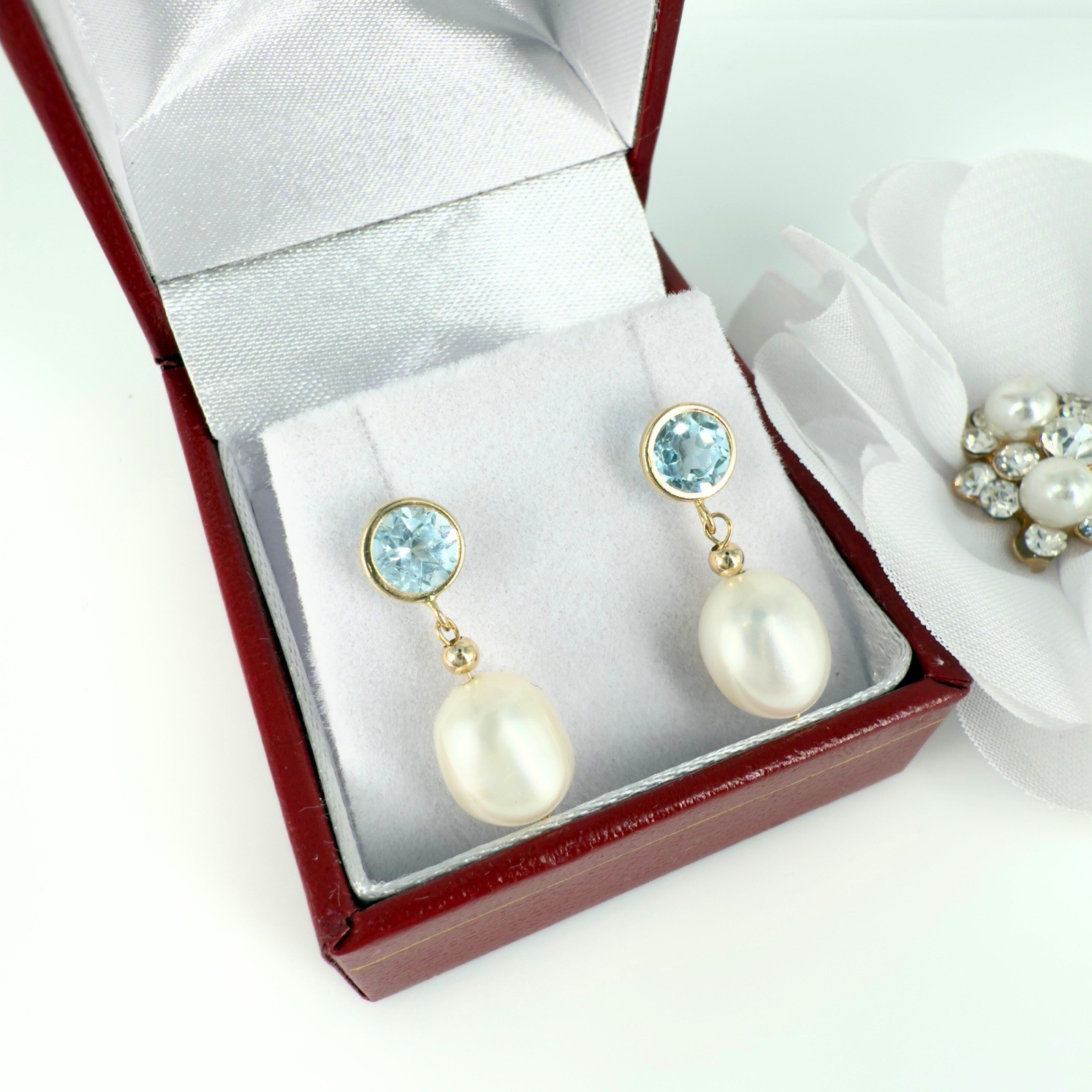 14k Yellow Gold Sky Blue Topaz & Genuine Cultured Pearl Dangle/Drop Earrings - Picture 8 of 8