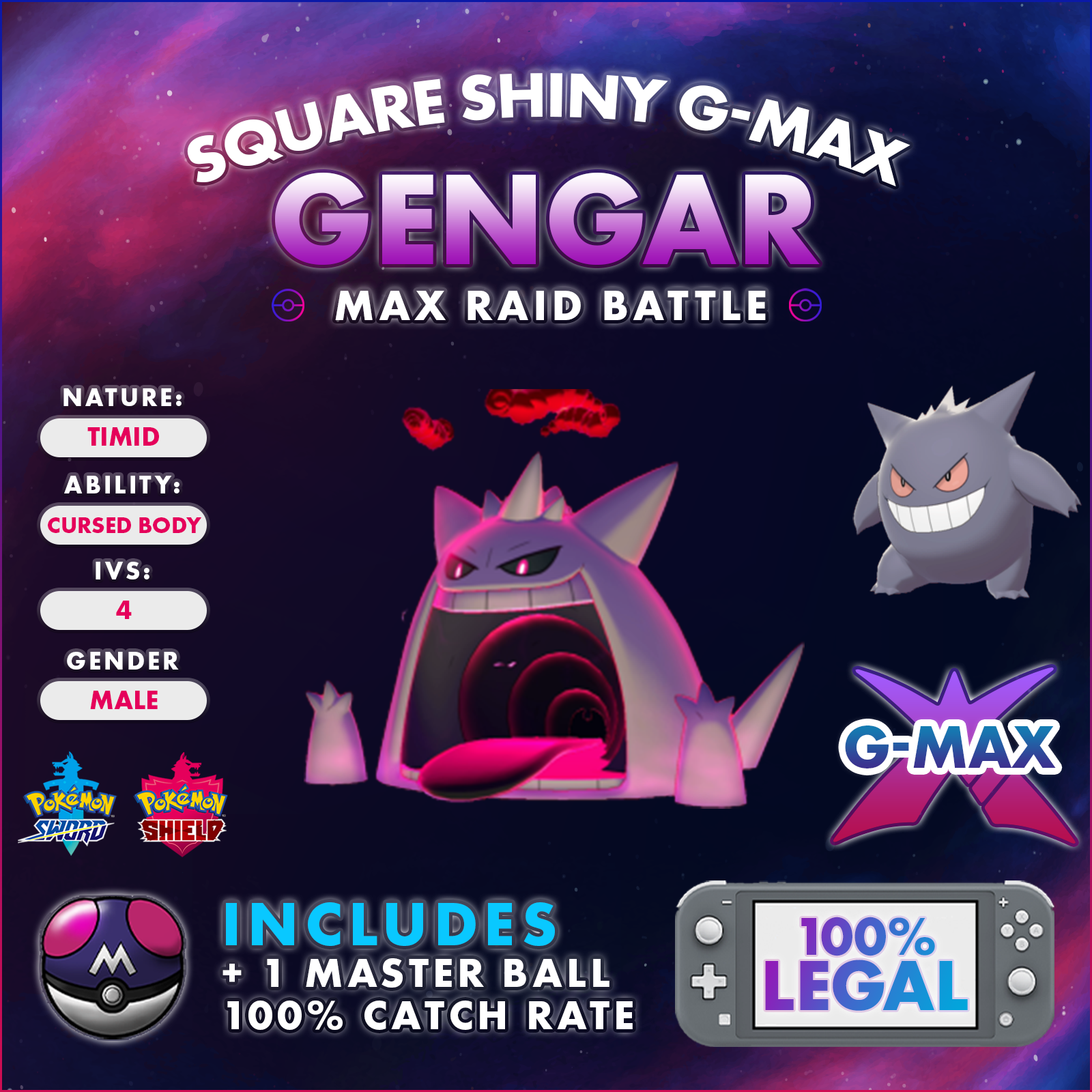 קנה Pokemon Sword And Shield Raid Legit Square Shiny Gmax Gengar Fast Delivery באיביי בעברית