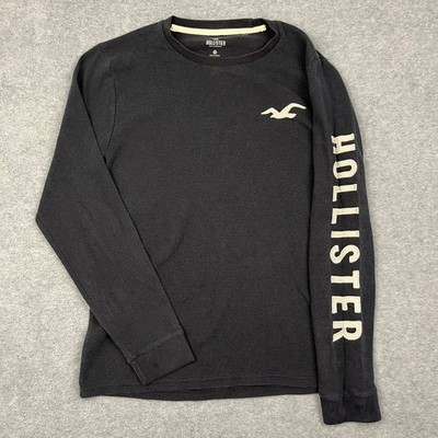 Hollister Waffle Knit Shirt Mens Medium Black Logo Graphic Long Sleeve Thermal