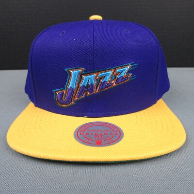 Utah Jazz Hat Cap Snapback Mens Purple Yellow Brim Spellout Logo Mitchell Ness