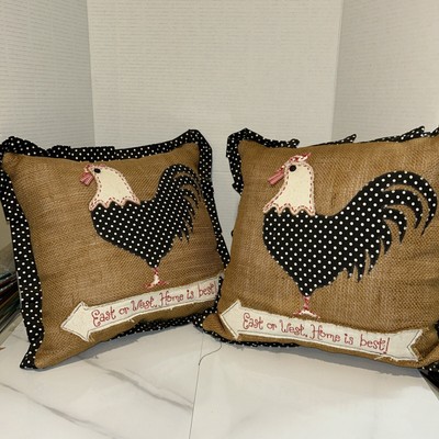 Rooster Cracker Barrel/ Burlap 2 Throw Pillows/poka Dot Cotton Trim
