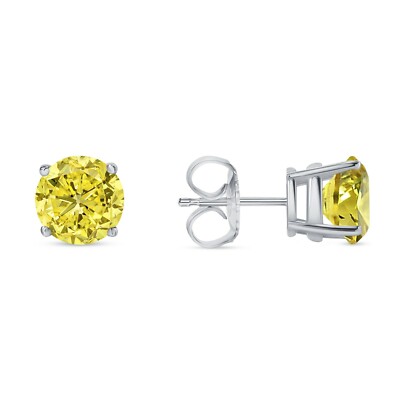 Pre-owned Shine Brite With A Diamond 3 Ct Round Cut Canary Earrings Studs Solid Real 950 Platinum Push Back Basket In White