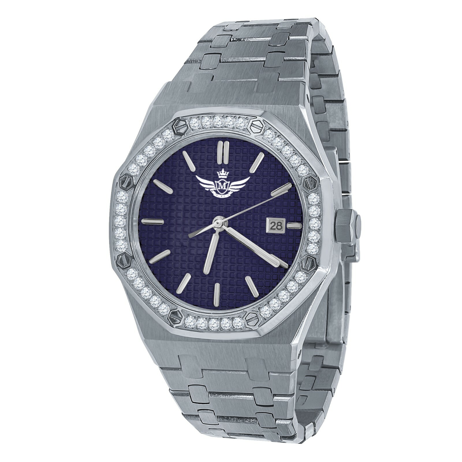 Pre-owned Bling Master Men's Full Steel Blue Dial White Gold Tone W/date Simulated Diamonds 42 Mm Watch