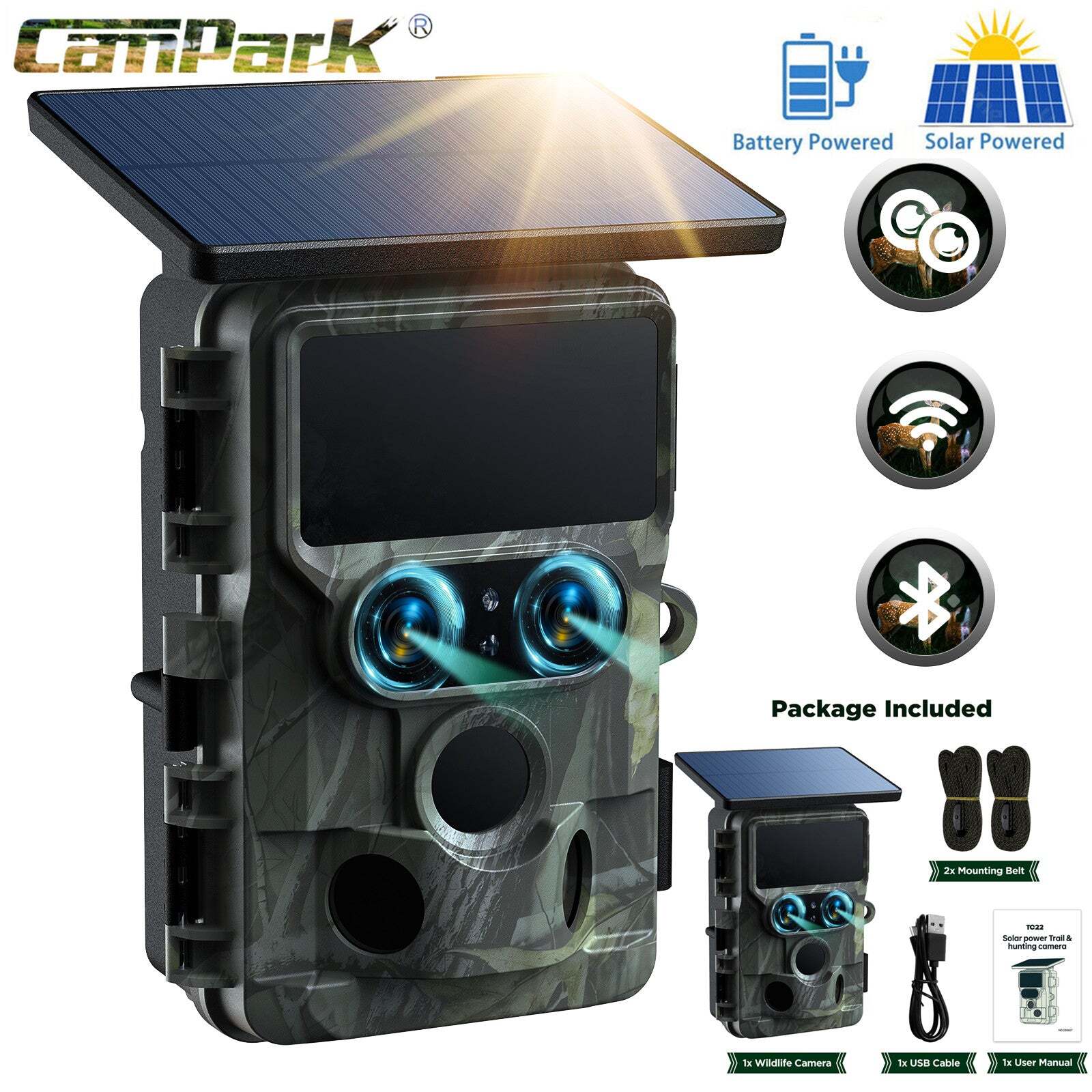 Trail Camera Solar Powered 60MP 4K 30FPS Game Camera with Starlight Night Vision