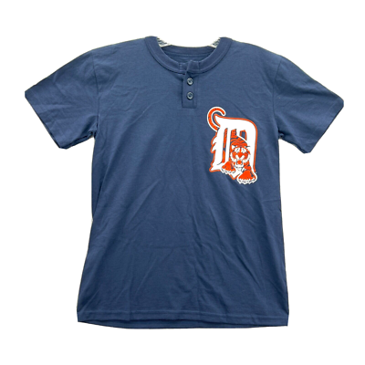 Detroit Tigers Shirt Boys Large Blue Baseball Henley Collar Youth