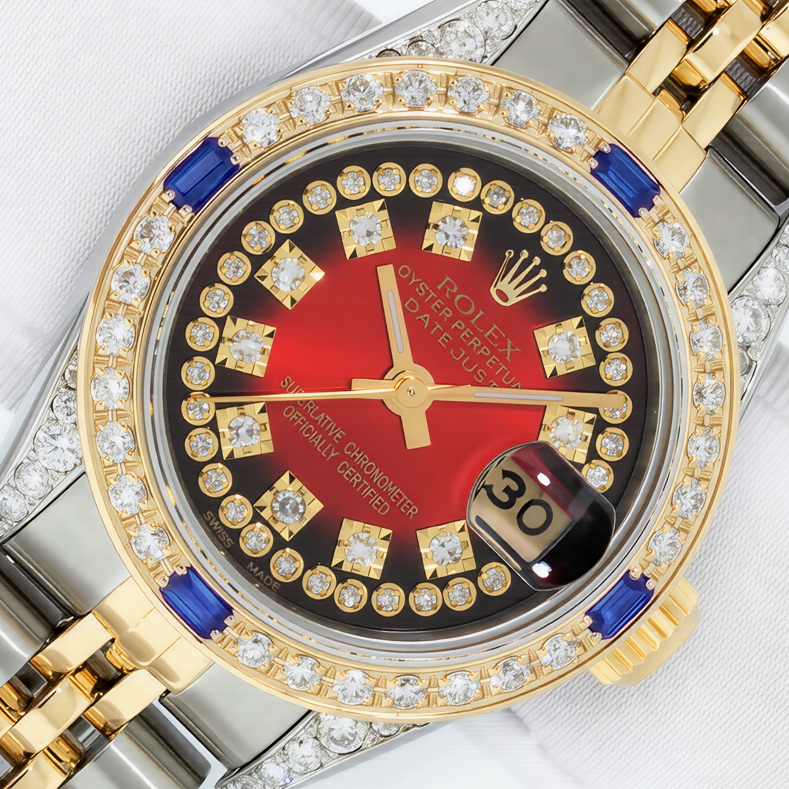 ROLEX LADY DATEJUST RED OMBRE DIAMOND DIAL 2TONE DIAMOND SAPPHIRE BEZEL WATCH
