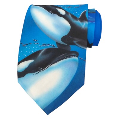 VTG RALPH MARLIN Mens Novelty Tie 3.85 Blue Killer Whales Ocean Sea Necktie 1996