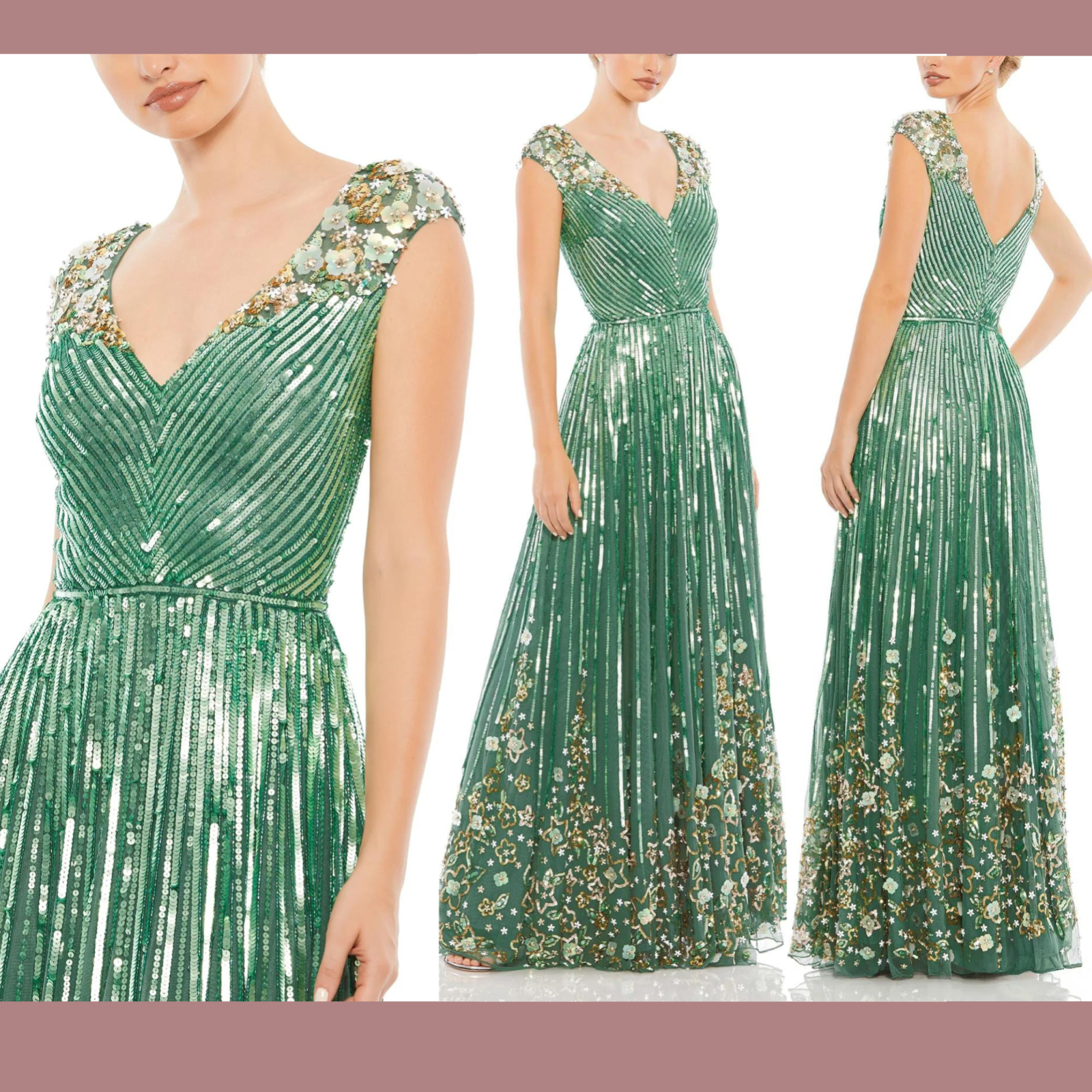 【Mac Duggal】フローラルドレス Green Bell Sleeve Floral Embellished Gown - Mac Duggal