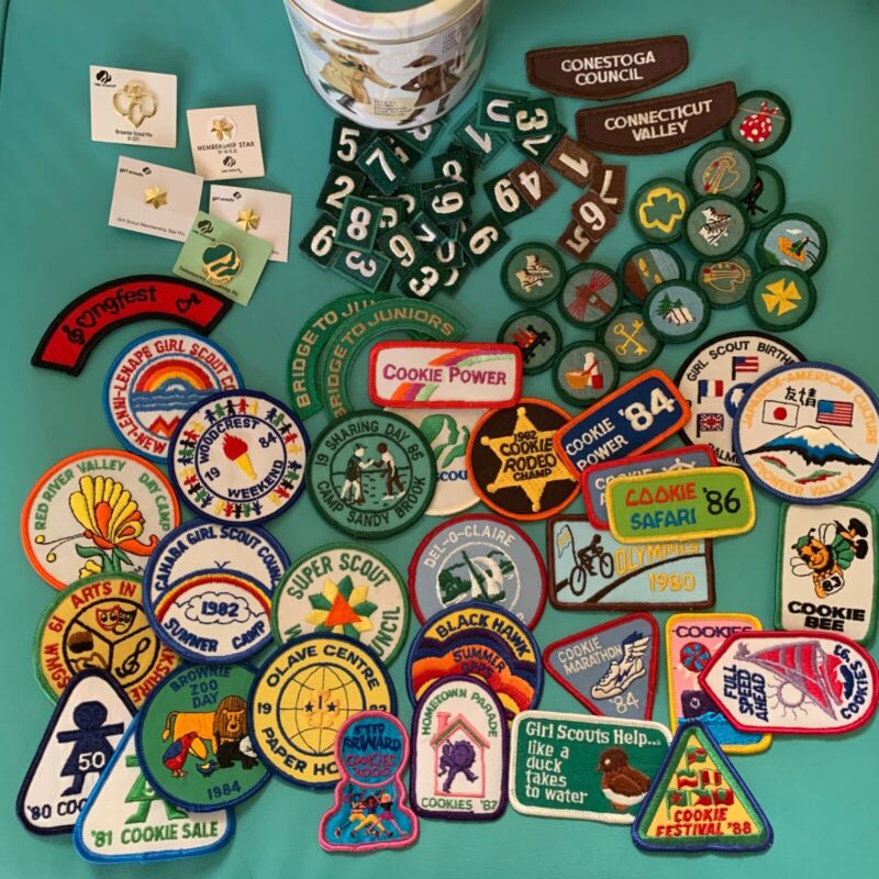 Girl Scout Lot- Patches, Badges,Pins, Tin, More...