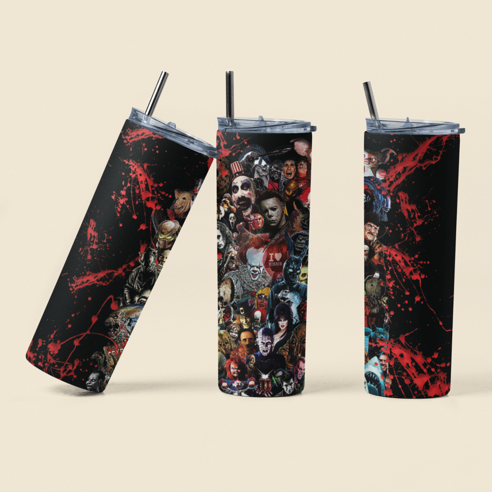I love Horror Movies Halloween Characters 20oz Tumbler Mug Cup FREE SHIPPING!