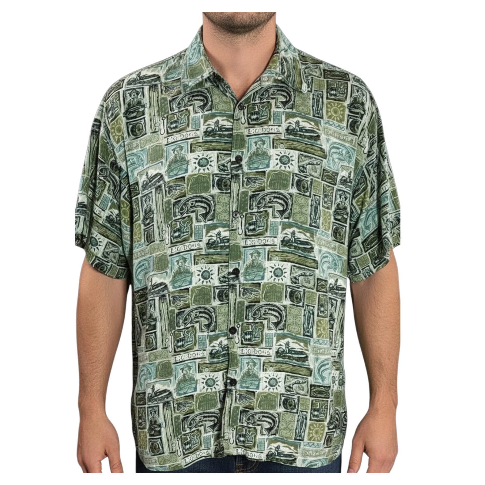 Big Dogs Hawaiian Shirt XL Fishing Fish Boats Lures Reels Olive Green Aloha