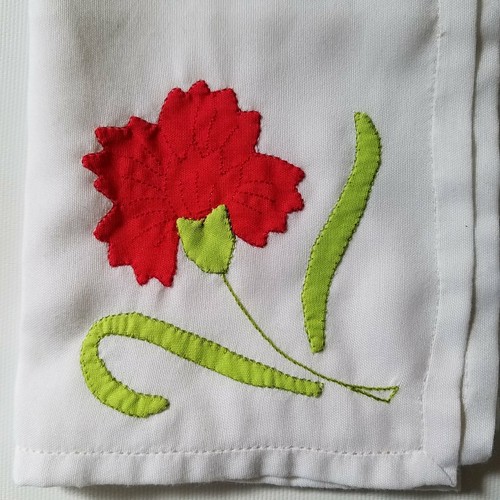 6 Cotton Napkins White with Bright Red & Green Flower Applique
