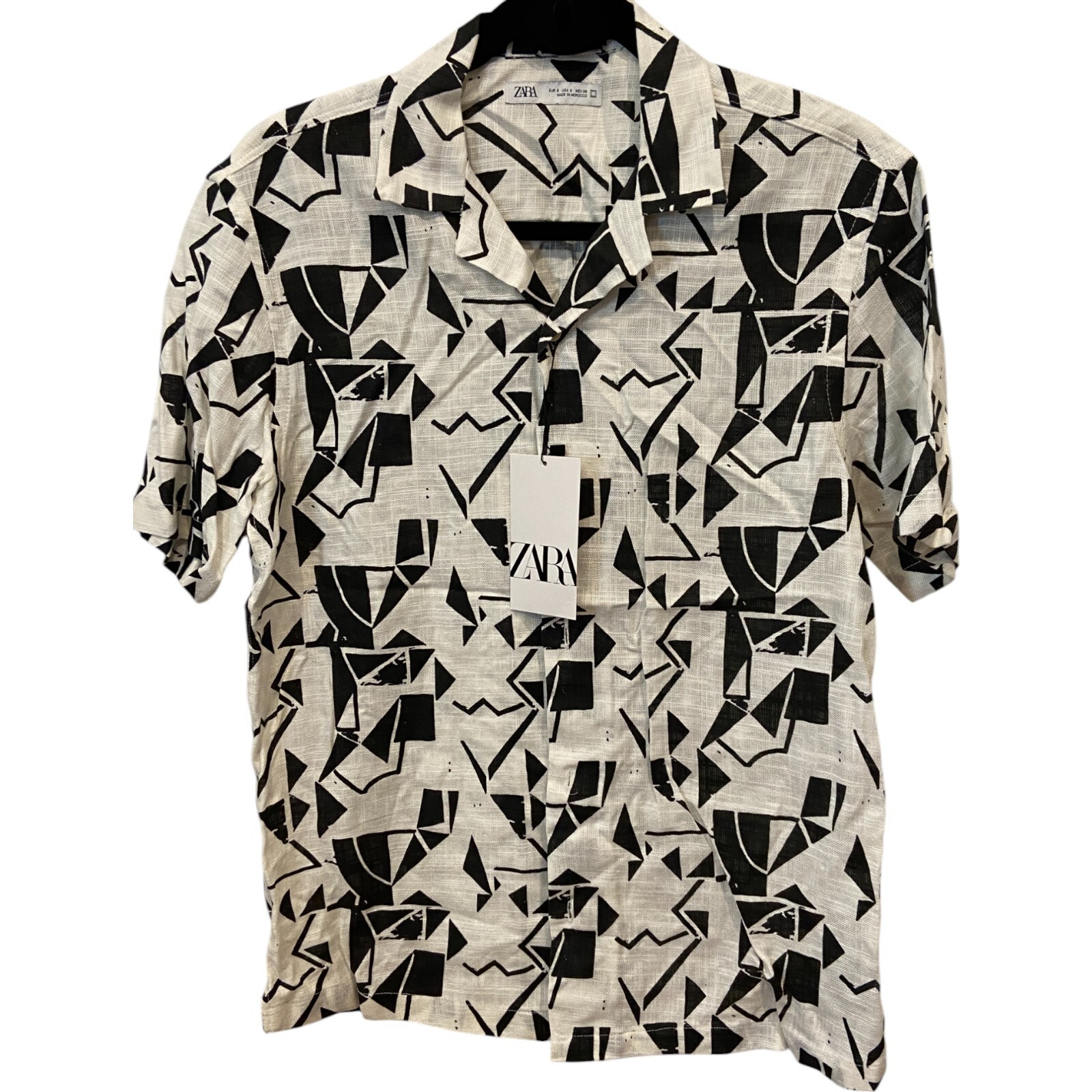 Zara Mens Shirt Size S White Black Geometric Graphic Button
