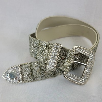 Vintage Western Rhinestone Faux Fur Metallic Belt Silver Gold Medium 2060