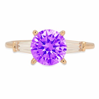 Pre-owned Pucci 2 Ct Round 3 Stone Real Amethyst Classic Bridal Statement Ring 14k Yellow Gold In D