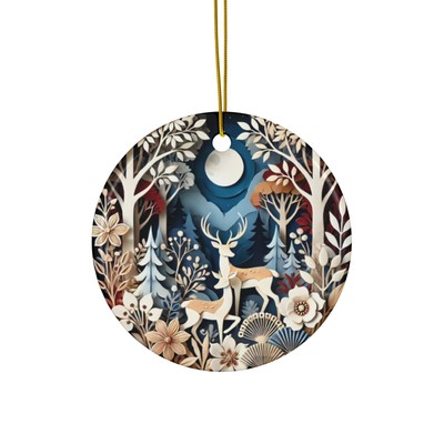 Enchanted Moonlit Forest Deer Ceramic Christmas Ornament - Woodland Scene