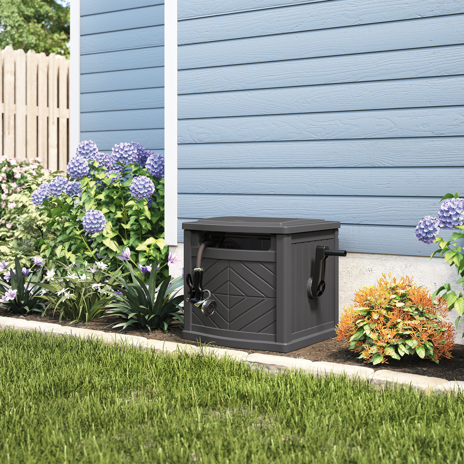 150ft. Hose Reel Hose Hideaway Hose Guide Garden Storage Bin Holder Box Gray US