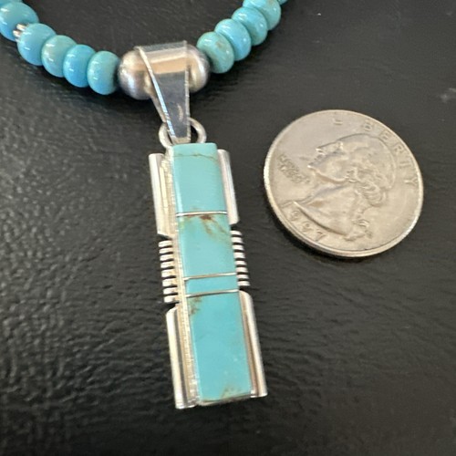 Pre-owned Handmade Blue Kingman Turquoise Inlay Pendant Navajo Sterling Silver Necklace 21” 16930