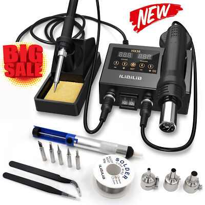 ILIBILIB HX36 Solder Station 2 in 1 Soldering Iron Kit Hot Air Rework Station US