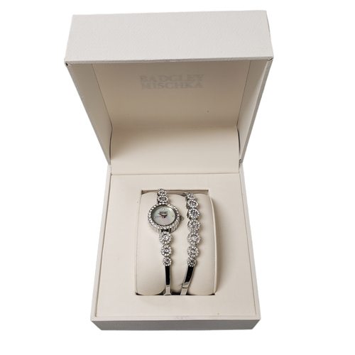 Badgley Mischka Ba/1405svst Women's 20mm Crystal Accent Watch Bracelet Set NWT