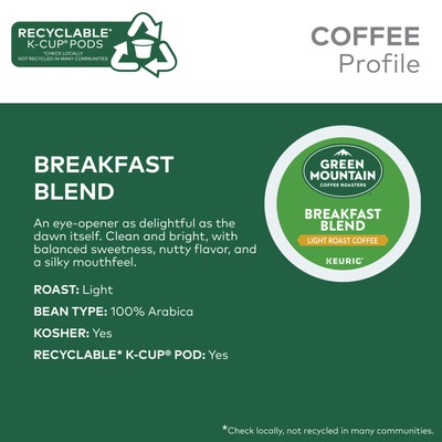 Green Mountain Coffee Breakfast Blend, Keurig K-Cup Pod, Light Roast, 144 Count