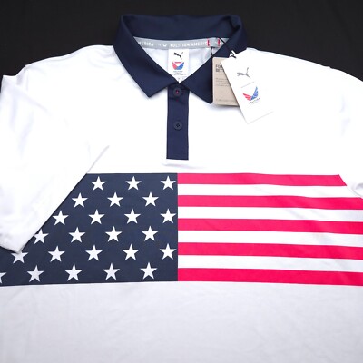 NEW! PUMA GOLF POLO SHIRT -M- WHITE RED BLUE USA FLAG POLY PERFORMANCE VOLITION