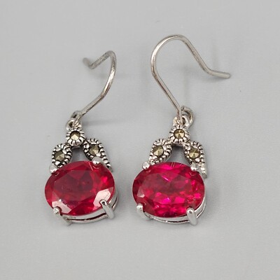5.0tcw Created Oval Cut Ruby & Marcasite Sterling Silver Hook Earrings 5.4g