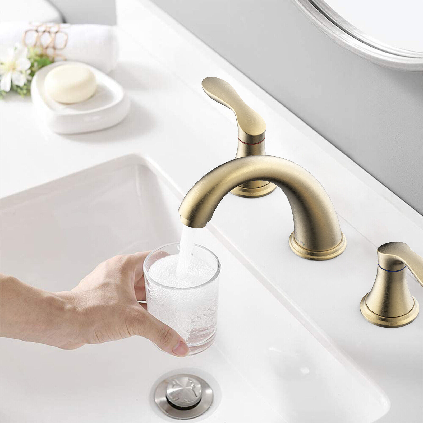 Widespread Bathroom Sink Faucet 3 Hole Lavatory Tap with Pop Up Drain and Hose