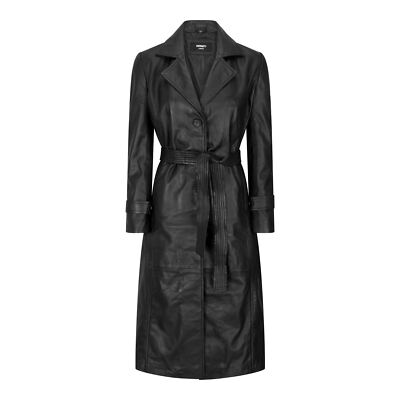 Pre-owned Truclothing Leather Women's Leather Trench Coat 3/4 Long Black