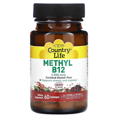 Country Life Methyl B12 со вкусом вишни 5000 мкг 60 леденцов без глютена, GMP
