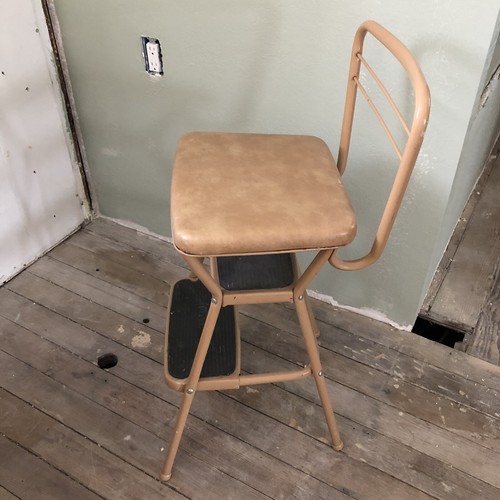 Vintage Mid Century Cosco 2-Step Stool Chair Flip Up Original Seat Tan Nice!